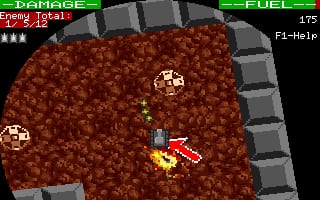 A top-down view of a tank surrounded by densely packed brown terrain or obstacles. The player's tank, rendered in red and yellow pixels, occupies the center-right of the screen. Two white crosshair or target markers appear in the upper and lower-left areas. The UI displays "DAMAGE Total" and "FUEL" in green text at the top left, with "195" shown in the upper right corner and "F1=Help" indicated. A gray metallic border frames the playfield edges.