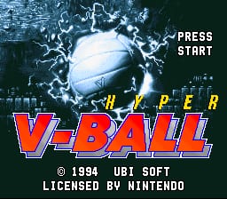 The title screen displays a large blue and white volleyball with water splashing around it as the central image. Below, the red text 'V-BALL' appears in a bold, stylized font with a yellow outline. At the top right, white text reads 'PRESS START'. At the bottom, small white text states '© 1994 UBI SOFT' and 'LICENSED BY NINTENDO'. The background features a dark teal color with a horizontal row of pixelated buildings or structures at the bottom, creating a cityscape silhouette typical of early 16-bit SNES graphics.