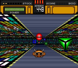 A tunnel-like corridor stretches toward the horizon with cyan and green gridded walls receding into the distance. A small orange spacecraft with a rounded cockpit sits centered at the bottom of the screen. Red and green glowing objects appear ahead in the tunnel. The HUD displays STOCK, POWER, and SCORE readouts across the top in yellow and orange, with the current score showing 548. The visual style uses Mode 7-style perspective scaling with parallax scrolling to create depth.