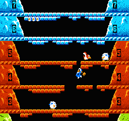 A vertically stacked level layout with four horizontal platforms separated by black gaps. Blue icy platforms line the top two rows, while orange brick platforms occupy the lower two rows. A small blue sprite character stands on the second platform from the top, with a white cloud-like object visible on the lowest platform. Green vegetation appears at the bottom edge. Score displays marked "0" appear in the upper corners against a light blue background. The sprite art uses simple pixelated forms typical of 1985 NES graphics.
