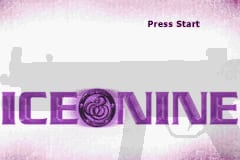 The title screen displays "ICE NINE" in large purple capital letters with a circular symbol integrated into the first letter. Above the title, "Press Start" appears in black text. A faint pixelated cityscape silhouette runs horizontally across the background in gray tones. The overall layout uses a pink and white gradient background with a retro Game Boy Advance visual style typical of early 2000s handheld gaming.