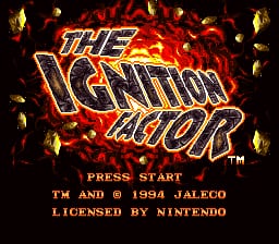The title screen displays a large logo for 'The Ignition Factor' rendered in orange and yellow metallic lettering with a red explosion effect behind it. Below the logo sits a black bar with white text reading 'PRESS START'. At the bottom, orange text lists copyright and licensing information: TM and © 1994 JALECO, LICENSED BY NINTENDO. The background is predominantly dark with orange and red flame-like imagery surrounding the title.