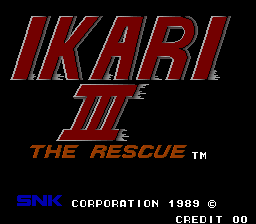 The title screen displays the game logo "IKARI III" in red metallic lettering at the top, with "THE RESCUE" in orange text below it. A small trademark symbol appears after the subtitle. At the bottom, white text reads "SNK CORPORATION 1989 ©" followed by a credit counter showing "00" on a black background. The overall composition uses a simple layout with the branding elements centered vertically against the dark backdrop.