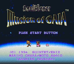 The title screen displays "Soul Blazer" at the top in gold outlined text, with "Illusion of GAIA" prominently centered below in large gold lettering. A blue planet Earth is visible in the background against a dark starfield. Three small sprite characters stand in a row on the planet's surface in the lower portion of the screen. A "PUSH START BUTTON" prompt appears in cyan text in the middle-lower area. Copyright and developer credits in magenta text line the bottom, including "(C) 1994 QUINTET/ENIX" and creator names. The overall color palette consists of dark blues, golds, and cyans on a black background.