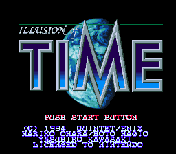 The title screen displays "ILLUSION OF TIME" in large purple capital letters with a blue crystalline geometric shape integrated into the design. Below the title, red text reads "PUSH START BUTTON" followed by a credits list in blue text naming the publisher, developer, and other production staff. The background is solid black, and the overall composition uses the SNES's 16-bit color palette with bright neon purple and cyan tones characteristic of early-to-mid 1990s game graphics.