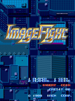 The title screen displays a large yellow and orange "Image Fight" logo centered in the upper portion against a blue gridded architectural background. Below the title, two player indicators read "1 PLAYER" and "2 COIN" on the left and right sides respectively. At the bottom, copyright text reads "© 1988 IREM CORP." with "INSERT COIN" and "CREDIT 00" displayed above it. The background features a cyan and dark blue color palette with geometric building-like structures and grid patterns typical of 1988 arcade graphics.