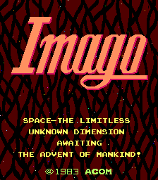 The title screen displays the word 'Imago' in large orange-red italicized lettering centered on the upper portion. Below it, yellow text reads 'SPACE-THE LIMITLESS UNKNOWN DIMENSION AWAITING THE ADVENT OF MANKIND?' in four lines. A copyright notice '©1983 ACOM' appears at the bottom in small white text. The background features a repeating black and dark red geometric pattern throughout, creating a textured backdrop behind all elements.