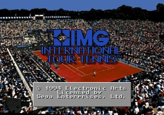 The title screen displays a large blue 'IMG INTERNATIONAL TOUR TENNIS' logo centered over a wide-angle photograph of a packed tennis stadium with red clay courts and crowded seating. Below the logo, a white text box reads '© 1993 Electronic Arts' and 'Sega Enterprises'. The stadium photo serves as the background, showing dense crowds in the upper stands and multiple court sections visible from an elevated perspective. The overall image combines bitmap text and photographic background elements typical of early 1990s Sega Genesis title screens.
