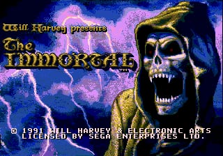The title screen displays a large golden skull with prominent teeth against a blue and pink gradient background with cloud patterns. Yellow text reading 'The Immortal' appears in the upper portion. At the bottom, white text credits show "(C) 1991 WILL HARVEY & ELECTRONIC ARTS" and "LICENSED BY SEGA ENTERPRISES LTD." A yellow demonic figure or skeleton creature is visible on the right side of the screen. The overall color palette uses dark blues, purples, yellows, and pinks typical of 16-bit Sega Genesis graphics.