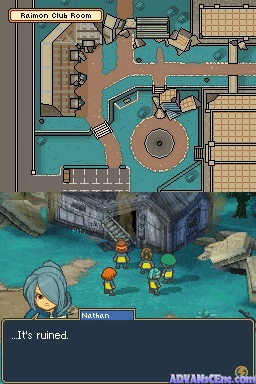 A split-screen display shows a top-down dungeon map labeled 'Fathom Club Room' in the upper half with teal-colored corridors and circular architecture, while the lower half presents an isometric battle scene with four player characters in yellow and green positioning themselves on a teal-floored arena surrounded by gray stone structures and rocky terrain. A dialogue box at the bottom displays the text 'It's ruined' in white font. The interface includes a blue health bar labeled 'Nathan' and a circular skill icon in the lower-left corner. The visual style uses 32-bit sprite graphics with a teal and brown color palette typical of Nintendo DS RPG gameplay.