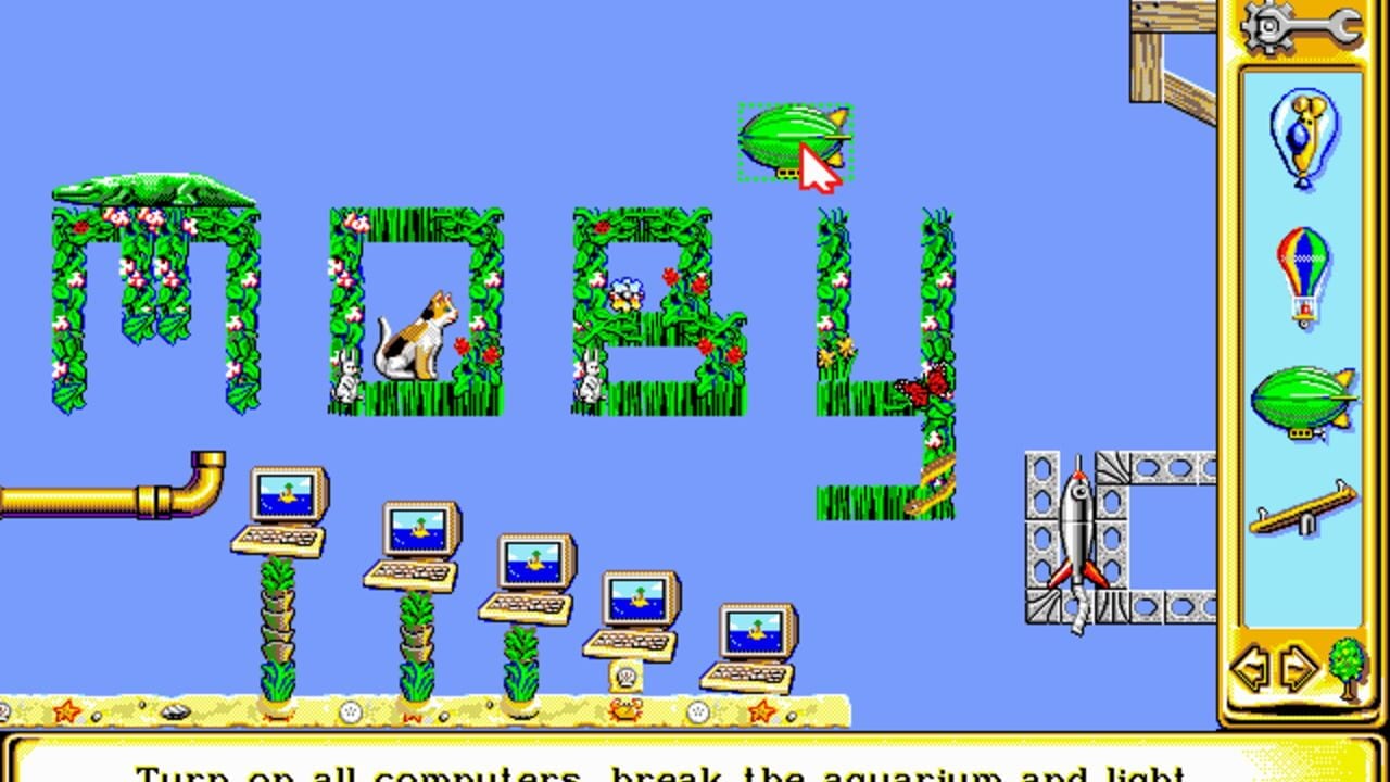 A bright blue sky scene displays a Rube Goldberg-style contraption with ivy-covered arches, a dog figure, a metal pipe on the left, and a rocket launching pad in the center. A green airship with a cursor hovers at the top. Five beige computers with blue screens sit in decreasing size order on palm tree stems along the yellow sandy ground. The right panel shows a vertical menu with tool icons including gears, lightbulbs, vehicles, and arrows. At the bottom, white text on a yellow banner begins instructing gameplay.