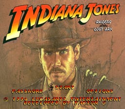 The title screen displays the Indiana Jones logo in large yellow and red letters at the top center. Below it is a photorealistic rendered portrait of Indiana Jones wearing his signature fedora hat and leather jacket, occupying most of the screen. Text appears at the bottom listing menu options including "START GAME", "SELECT", and "ERASE" in red letters. The background shows a tan sandy texture. The graphics use a blend of pre-rendered artwork and SNES-era sprite rendering typical of mid-1990s console games.