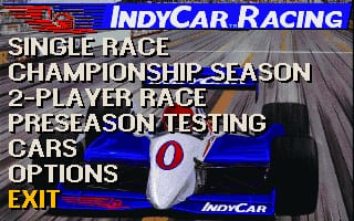 The main menu for IndyCar Racing displays a bright blue and red color scheme with white text listing five options: Single Race, Championship Season, 2-Player Race, Preseason Testing, and Cars. Below these selections are "Options" in yellow text and "Exit" in red. The background features a high-angle overhead view of an IndyCar racing vehicle on a gray track surface, rendered with low polygon geometry typical of early 1990s DOS graphics.