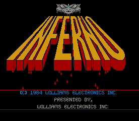 The title screen displays a large yellow and red geometric logo reading "INFERNO" in bold, perspective-distorted lettering against a black background. Below the title, red dripping effects suggest liquid or flames. At the bottom, white text credits read "© 1984 WILLIAMS ELECTRONICS INC." and "PRESENTED BY, WILLIAMS ELECTRONICS INC." A small decorative ornament appears at the very top center of the screen. The overall aesthetic uses high-contrast primary colors typical of early 1980s arcade graphics.