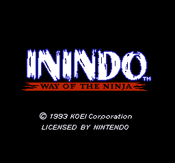 The ININDO title logo appears in large white letters with a striped red and black banner underneath reading "WAY OF THE NINJA". Below the logo, copyright text states "© 1993 KOEI Corporation" and "LICENSED BY NINTENDO" in white font against a black background. The visual style uses typical SNES-era pixelated fonts and high-contrast lettering on a solid black screen.