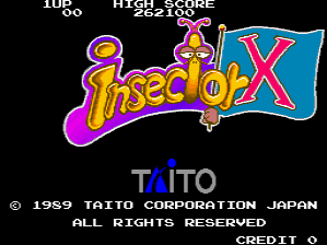 The title screen displays the Insector X logo prominently in the center, rendered in large yellow and purple pixelated lettering with a blue rectangular banner behind it. Above the logo sits a yellow insect character with purple accents positioned left of center. The word TAITO appears in blue beneath the logo. Copyright text reading © 1989 TAITO CORPORATION JAPAN and ALL RIGHTS RESERVED spans the bottom, with CREDIT 0 displayed in the lower right corner. The background is solid black with thin white text at the top showing score and high score information.