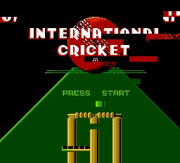 The title screen displays 'INTERNATIONAL CRICKET' in white and red pixelated text at the top against a black background. Below, a green cricket field is shown in perspective view with white wickets (stumps) centered on the pitch. A 'PRESS START' prompt appears in yellow text in the middle section. The overall color palette uses black, green, white, and red with characteristic NES-era 8-bit sprite resolution and limited color depth.