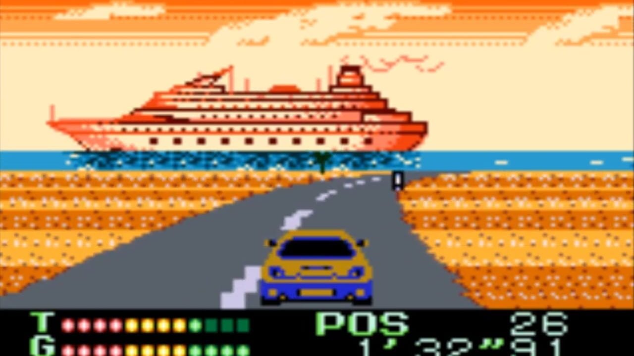 A yellow and blue rally car drives down a gray asphalt road toward the viewer, flanked by sandy brown terrain on both sides. A cruise ship in red and white sails on blue water in the background beneath a cream-colored sky with orange clouds. The HUD displays green text reading 'POS' and '26' in the lower right, with a health or damage indicator bar at the bottom left showing red and yellow segments. The scene uses low-resolution pixel art typical of Game Boy hardware.