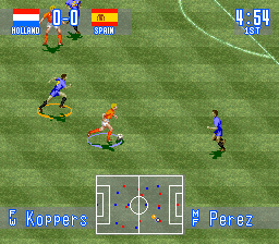 A soccer match in progress on a grass pitch shown from an isometric perspective. A player in blue controls the ball in the center field while an opponent in orange moves nearby. Two additional blue players position themselves on either side. The scoreboard displays Holland 0-0 Spain with 4:50 remaining. Player names Koppers and Perez appear at the bottom left and right respectively. The field is rendered in low-resolution 16-bit sprites with a bright green pitch and white goal lines visible.