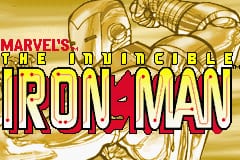 The title screen displays 'Marvel's The Invincible Iron Man' in red and gold lettering across the center. Behind the text is a large golden silhouette of Iron Man's armor in profile, rendered in a stylized line-art style. The background features a gradient from golden-yellow at the top to darker tones, creating a warm, metallic atmosphere. The logo uses a pixelated, GBA-era font consistent with Game Boy Advance graphics capabilities.