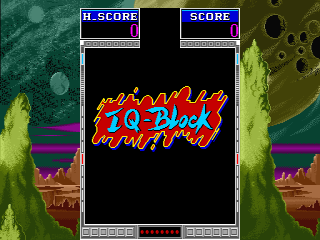The title screen displays 'IQ-BLOCK' in large red and yellow flaming text centered on a black background. Two score panels labeled 'H-SCORE' and 'SCORE' sit at the top left and right corners respectively. The screen is framed by a colorful border featuring abstract green and purple shapes on the left and right edges, with brown terrain and geometric patterns at the bottom. A purple horizontal bar runs across the middle of the frame, and the overall visual style uses bright, contrasting colors typical of early 1990s arcade graphics.