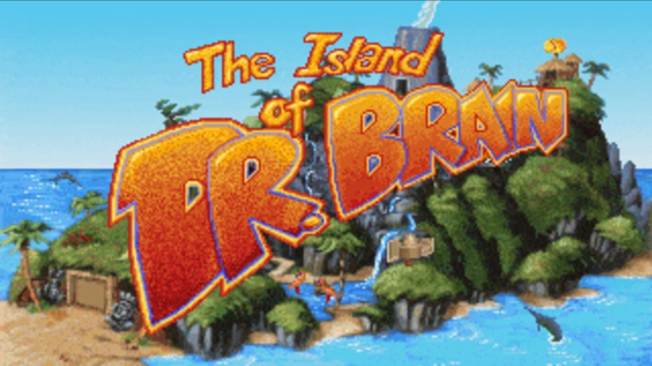 The title screen displays "The Island of Dr. Brain" in large red and yellow pixelated lettering with a blue outline, positioned over a tropical island scene. The background shows a sandy beach with green vegetation, palm trees, stone structures, rocky formations, and blue ocean water. A wooden structure with a gear mechanism sits on the left side of the beach. The sky is light blue, and the overall art style uses 256-color palette typical of early 1990s DOS games with detailed sprite graphics.