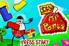 The title screen displays a bright cyan background with colorful falling blocks (yellow, purple, red, green) in the upper area. A pixelated character in red pants and white shirt jumps in the center-left, waving one arm upward. The "It's Mr. Pants" logo appears in the upper right with red lettering on a yellow burst-shaped background. A green "PRESS START" button is positioned at the bottom center of the screen. The overall art style uses bright, solid colors typical of Game Boy Advance graphics.