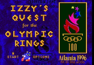 The title screen displays yellow text reading "IZZY'S QUEST FOR THE OLYMPIC RINGS" against a deep blue starry background. Below, white text shows "START" and "OPTIONS" menu choices. On the right side, a bordered tile features the stylized Olympic mascot Izzy in bright pink and red colors above the Olympic rings symbol, with "Atlanta 1996" text and the Centennial Olympic Games logo beneath. The entire screen uses a 16-bit color palette with pixelated typography and sprite artwork typical of Sega Genesis presentation.