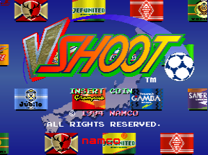 The title screen displays "J-SHOOT" in large green letters with a soccer ball icon at center, set against a blue background. Multiple colored flag banners line the top edge. Below the title, white text reads "INSERT COIN" and "NAMCO," with "ALL RIGHTS RESERVED" in the lower portion. Red and yellow flag graphics appear in the bottom corners. The overall layout uses a pixel-art style with bright primary colors typical of early 1990s arcade cabinets.