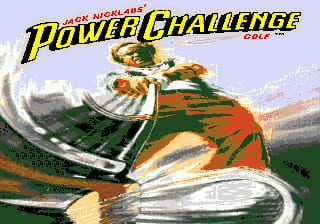 The title screen displays the Jack Nicklaus' Power Challenge Golf logo at the top in yellow and red lettering. Below sits a large illustration of a golfer mid-swing wearing orange and green clothing, captured mid-follow-through against a light blue sky backdrop. A golf ball trails motion lines across the image. The background shows a distant golf course landscape with greens and fairways rendered in soft earth tones. The sprite art uses a 16-bit color palette typical of Genesis-era games.