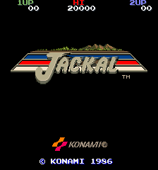 The Jackal arcade title screen features a large metallic gold logo reading "JACKAL" centered on a black background, with a red, white, and blue striped banner across the top. Score displays showing "10000", "20000", and "20000" appear in the upper corners. Below the logo is the Konami copyright notice "© KONAMI 1956" in white text, with the Konami trademark symbol displayed above it. The art style uses pixelated sprite graphics typical of mid-1980s arcade hardware.