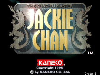 The title screen features a large gold-colored text reading "JACKIE CHON" as the central element, positioned beneath a decorative silver banner labeled "THE KUNG-FU MASTER" in smaller text. Two ornate gray dragon or serpent designs frame the title on either side. Below the main title, the Kaneko company logo appears in white with a red rectangular background. Copyright information for Kaneko Co., Ltd. is displayed at the bottom, along with a "Credit 5" indicator in the lower right corner. The overall background is dark with subtle texture patterns.