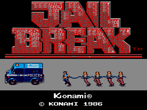 The title screen displays "JAIL BREAK" in large red pixelated letters at the top. Below the title, a blue police van is shown on the left side, followed by five sprite characters in a row to its right, all rendered in the low-resolution pixel art style typical of mid-1980s arcade games. The background is gray. Copyright information for Konami and the year 1986 appears at the bottom in small white text.
