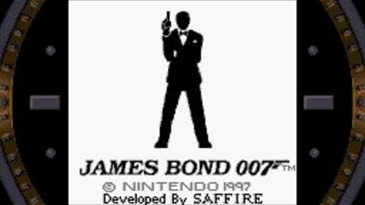 A silhouetted figure in a black suit and tie holding a handgun stands centered against a white background. The James Bond 007 logo appears below in black text with a trademark symbol. Copyright information reads "© NINTENDO 1997" and "Developed By SAFFIRE" at the bottom. Dark architectural elements frame the sides of the screen. The image is a title screen or splash screen with minimal color palette of black, white, and gray.