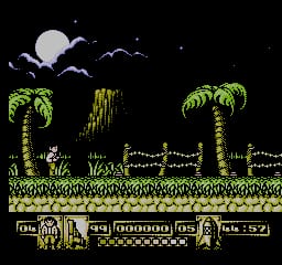 A side-scrolling jungle level displays a silhouetted moon in the upper-left sky with stylized clouds. Two palm trees with thick green foliage frame the scene on either side of the platform terrain. Yellow and tan-colored block platforms form the landscape against a black background, with small white dots representing stars scattered across the sky. A status bar at the bottom contains character sprites, numerical displays, and what appears to be health or equipment indicators in pixelated 8-bit NES graphics.