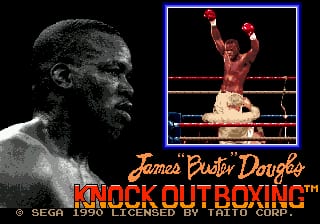 The title screen displays a large black-and-white profile portrait of a male boxer on the left side against a dark background. On the right, a smaller inset window shows a red-tinted boxer with raised arms standing in a boxing ring with ropes. Below these images, the title "James 'Buster' Douglas KNOCKOUT BOXING" appears in gold and red text with a cursive font style. The Sega copyright mark and logo are visible in the lower left corner, with "TAITO" credited as the developer.