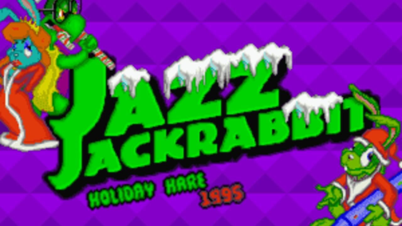 The large green title logo 'JAZZ JACKRABBIT' dominates the center of the screen against a bright purple background, with white snow-capped icicles hanging from the letters. Below the title, smaller green text reads 'HOLIDAY HARE' with '1995' in orange text to the right. On the left side, a colorful cartoon rabbit character wearing red winter clothing is visible in profile. On the right side, another green rabbit character in similar festive attire appears in the lower corner. The overall aesthetic features bright, chunky pixel art typical of early 1990s DOS platformers with a holiday-themed color scheme.