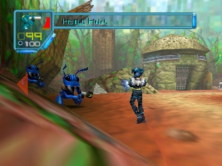 A third-person view shows a white and black armored character standing on a reddish-brown terrain surrounded by dense green foliage and large mushroom-like structures. Two blue robotic allies flank the character on the left side. A blue HUD panel at the top displays the text "Planet Tawnia" with health and ammo indicators in the upper left corner. The environment features tall grass, rocks, and forest elements rendered in early 3D polygon graphics typical of Nintendo 64 hardware.