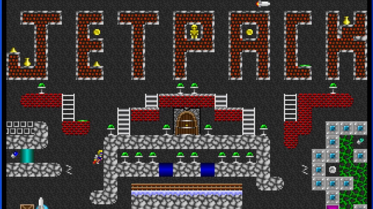 A pixel-art level layout shows the word 'LETHARGIA' spelled out in large red brick letters across the top half. Below sits a fortress-like structure with gray stone walls, a wooden door in the center, and green platforms with blue floor tiles. A small character in red stands on the left side near a cyan pipe. The right side displays an inventory grid with blue item slots and green vines. Yellow diamonds hover throughout the brick letters and above the fortress. The entire scene uses a 16-bit sprite aesthetic with a dark gray background.
