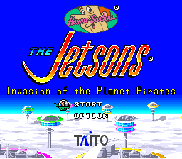 The title screen displays 'The Jetsons' logo in large yellow lettering with 'Invasion of the Planet Pirates' as the subtitle, set against a bright blue background. Below the title, a white snow-covered landscape with futuristic buildings and spacecraft is visible. Four circular icons representing selectable options appear in the lower portion, with 'START', 'OPTION', and other menu choices indicated. The Taito developer logo appears at the bottom center. The overall aesthetic uses 16-bit sprite graphics with a cyan sky gradient and snowy terrain rendered in white and light blue pixels.