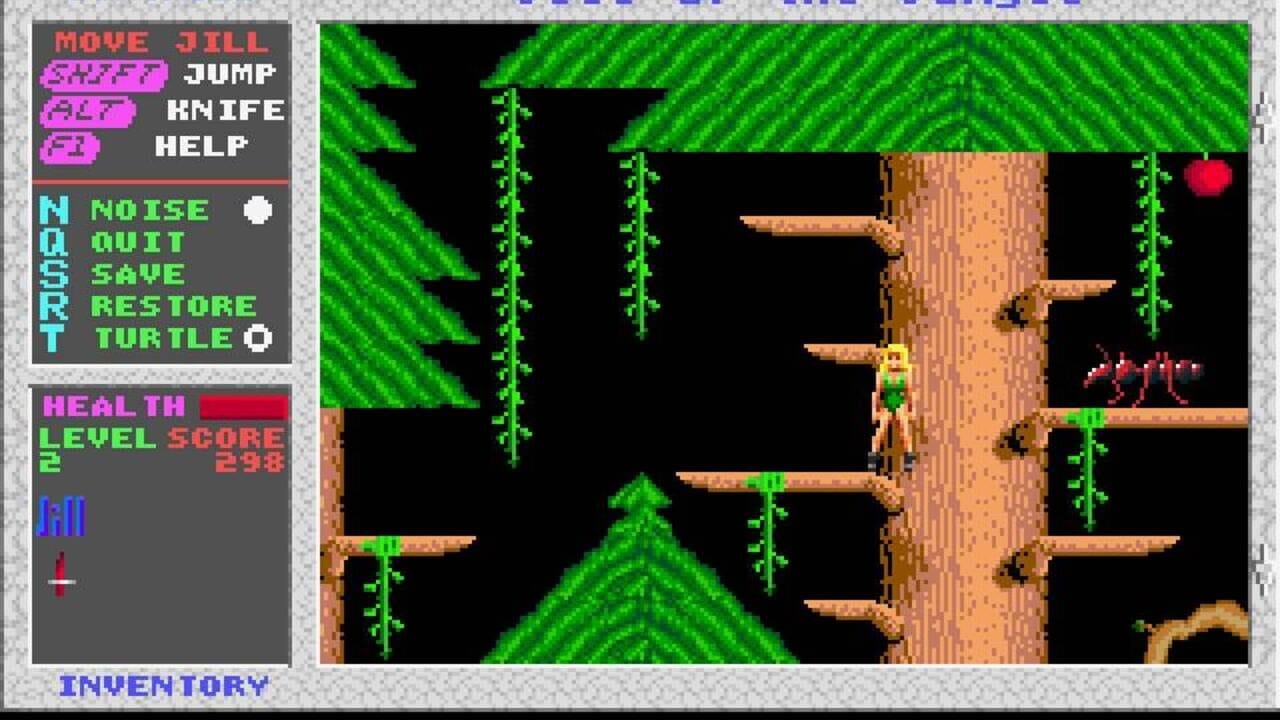 A side-scrolling jungle level displays a character in green and yellow clothing standing on a brown wooden platform. Green vine-like vegetation hangs vertically from the black ceiling, and multiple horizontal brown platforms extend from a large tree trunk on the right side. A red apple floats in the upper-right corner, while red ant-like enemies appear on the right platform. The left panel shows game controls and a health bar at full red, with level 2 and score 298 displayed. The background uses a diagonal green striped pattern with black sections.