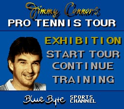 The title screen displays "Jimmy Connors Pro Tennis Tour" in gold lettering at the top against a blue background. Below is a headshot photograph of a smiling man with dark hair wearing a white polo shirt. Four menu options are centered in yellow text: Exhibition, Start Tour, Continue, and Training. At the bottom, "Blue Byte" and "Charvel" branding appear in white text on the blue background.