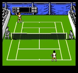 A split-screen tennis view displays two courts stacked vertically on a bright green field. The upper court shows a player in white at the net with score indicators at the top displaying game information. The lower court features another white player positioned near the baseline. Both courts are outlined with white lines marking service boxes and boundaries. The color palette uses bright green for the court surface, white for line markings, and black for UI elements and player sprites rendered in low-resolution pixelated style typical of NES graphics.