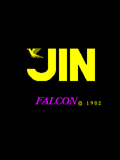 A black background displays large yellow block letters spelling "JIN" in the upper portion. Below, "FALCON" appears in magenta italicized text, followed by a copyright symbol and "1982" in white text. A small yellow bird or crane silhouette is positioned to the left of the "JIN" text. The layout is centered and minimalist, typical of early 1980s arcade title screens.