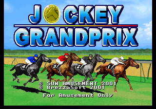 The title screen displays 'JOCKEY GRAND PRIX' in large blue capital letters with a yellow sphere at the center. Below the title, five horse and jockey sprites race left to right across a green grass field with a blue sky and white clouds above. Text at the bottom reads 'SUN AMUSEMENT 2001' and 'For Amusement Only.' The graphics use bright primary colors with pixelated sprite animation typical of early 2000s arcade hardware.