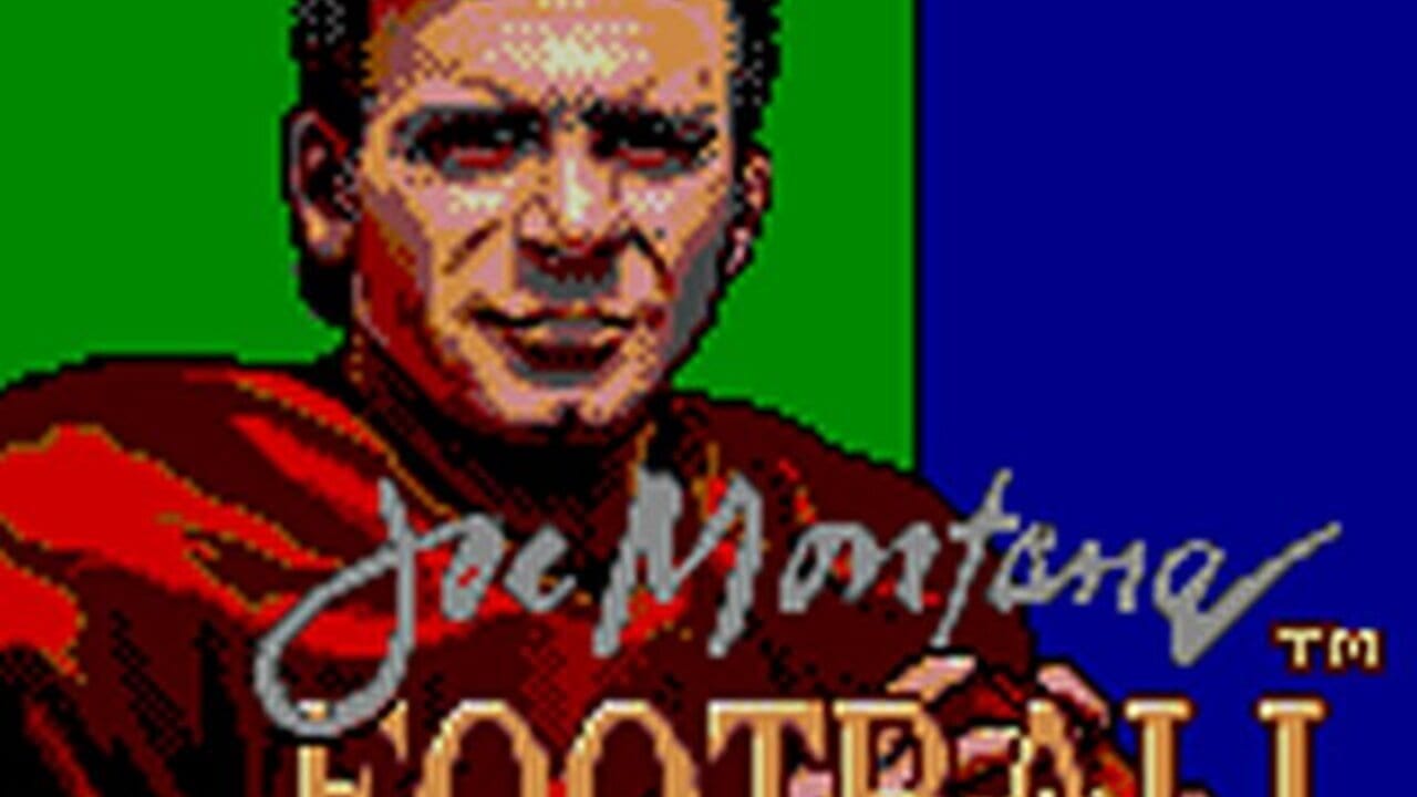 A pixelated portrait of a man with tan skin and dark hair smiles at the camera against a split green and blue background. He wears a dark red football jersey. Below his image, "Joe Montana" appears in white cursive script with a trademark symbol, followed by partial gold lettering reading "FOOTBALL" in large capital letters. The image uses 8-bit sprite art with limited color palette typical of Game Gear graphics.