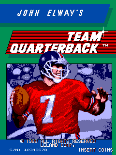 The title screen displays 'JOHN ELWAY'S TEAM QUARTERBACK' in white italicized text at the top, with a red banner containing the game title below. A quarterback in a red jersey numbered 7 and blue helmet dominates the center, shown from the chest up holding a football. The background features purple and gray pixelated imagery suggesting a stadium or crowd. At the bottom, copyright text reads '© 1988 ALL RIGHTS RESERVED' with 'LELAND CORP.' and 'INSERT COINS' visible, along with an arcade serial number.