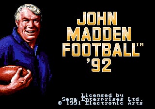 The title screen displays John Madden in a blue jacket on the left side, holding a football and smiling. The game title 'JOHN MADDEN FOOTBALL '92' appears in large gold letters to the right. Below, the text 'Licensed by the NFL and NFLPA' is shown, followed by 'Sega is a trademark of Sega Enterprises, Ltd.' in small print at the bottom. The background is black, typical of early 1990s Sega Genesis title screens with the sprite-based aesthetic of that era.
