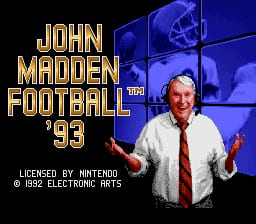 The title screen displays "JOHN MADDEN FOOTBALL '93" in large gold text at the top left. A photograph of John Madden occupies the right side, showing a man in a white dress shirt and red tie with his arms raised in a gesturing pose against a blue background with football stadium imagery. A blue football helmet graphic appears in the upper center. At the bottom, licensing text reads "LICENSED BY NINTENDO" and "© 1992 ELECTRONIC ARTS" in small white font. The overall background is dark blue with darker blue tones framing the content.