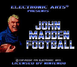 The title screen displays "ELECTRONIC ARTS PRESENTS" at the top in blue pixelated text. Below that, "JOHN MADDEN FOOTBALL" appears in large blue letters with a 3D effect. On the left side stands a portrait of John Madden wearing a blue jacket and holding a football, rendered in low-resolution sprite graphics typical of early 1990s SNES games. A copyright notice for Electronic Arts appears at the bottom in small text. The background is black, and the overall color palette consists primarily of blues, flesh tones, and brown for the football.